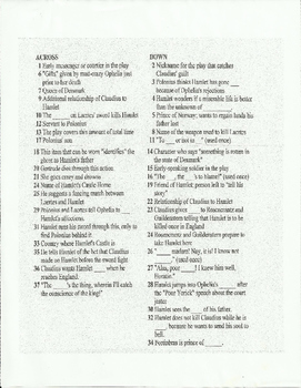 HAMLET REVIEW SHAKESPEARE CROSSWORD ACTIVITY by FLYFISHERWOMAN ENGLISH