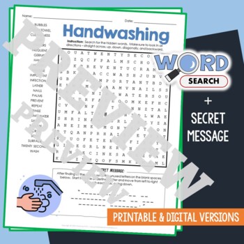 Preview of HANDWASHING Word Search Puzzle Activity Vocabulary Worksheet Secret Message