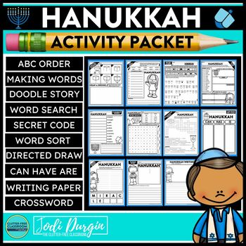 Preview of HANUKKAH ACTIVITY PACKET word search worksheets DREIDEL directed drawing MENORAH