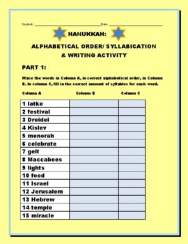 Preview of HANUKKAH HOMEWORK ASSIGNMENT: ALPHABETICAL, SYLLABLES, WRITING & ART