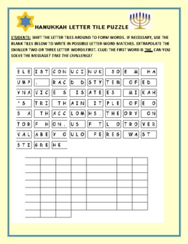 Preview of HANUKKAH LETTER TILE PUZZLE  W/ ANSWER KEY  GRS. 6-12, MG
