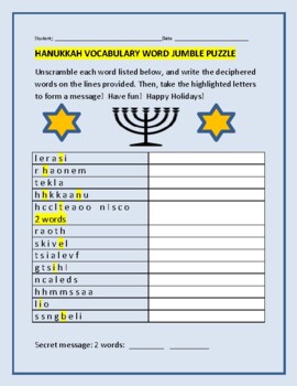 Preview of HANUKKAH VOCABULARY WORD JUMBLE PUZZLE W/ ANSWER KEY GRS. 4-8, MG