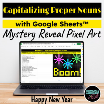 Preview of HAPPY NEW YEAR Capitalizing Proper Nouns ELA Mystery Reveal Pixel Art Puzzle