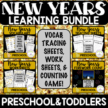 Preview of HAPPY NEW YEAR Math & Literacy Worksheet Activity Center Bundle for Preschool