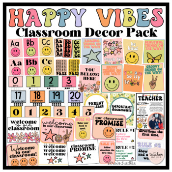 Preview of HAPPY RETRO VIBES | Classroom Decor Pack