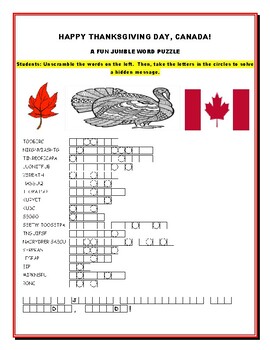 Preview of HAPPY THANKSGIVING DAY, CANADA! A WORD JUMBLE PUZZLE W/ ANS. KEY