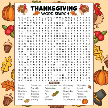 HARD THANKSGIVING Vocabulary Word Search Puzzle - Harder 30 Words