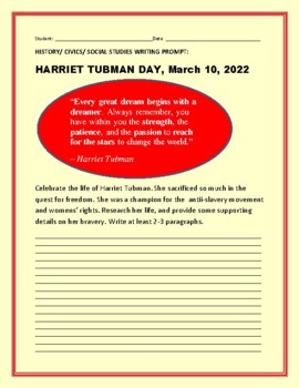 Preview of HARRIET TUBMAN DAY: WRITING PROMPT / GRS. 4-12, HISTORY, HUMAN RIGHTS