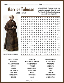 Preview of HARRIET TUBMAN Word Search Puzzle Worksheet Activity - 4th 5th 6th 7th Grade