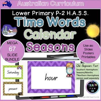 Preview of Past and Present Time Words Calendar Seasons Mega Bundle 67 Slides