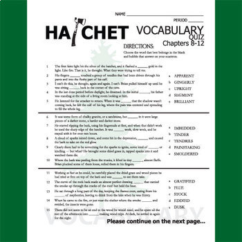hatchet vocabulary list and quiz 30 words chs 8 12 by created for