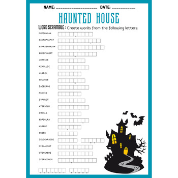 HAUNTED HALLOWEEN HOUSE word scramble puzzle worksheet activity TPT