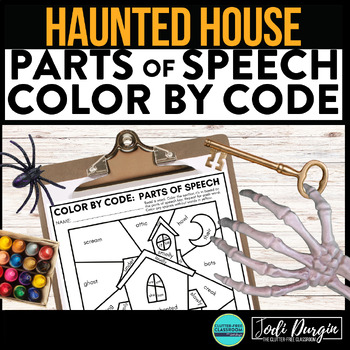 Preview of HAUNTED HOUSE color by code HALLOWEEN coloring page PARTS OF SPEECH worksheet