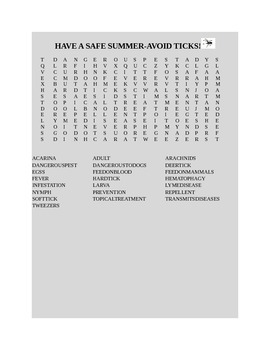 Preview of HAVE A SAFE SUMMER-AVOID TICKS WORD SEARCH