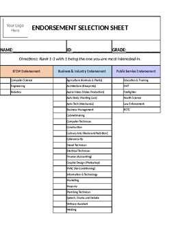 Preview of HB5 (Texas) Endorsement Selection Form – Editable