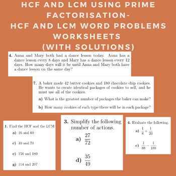 Preview of HCF and LCM Using Prime Factorisation-HCF and LCM Word Problems Worksheets (with