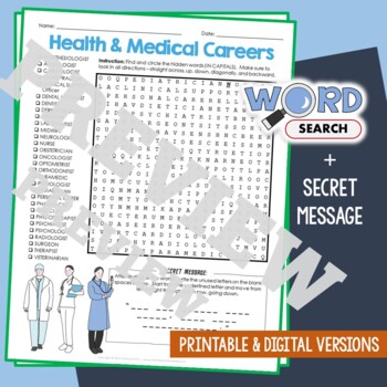 Preview of HEALTH & MEDICAL CAREERS Word Search Puzzle Activity Vocabulary Worksheet