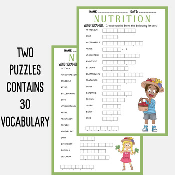 HEALTHY EATING & NUTRITION word scramble puzzle worksheet activity