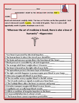 Preview of HEART & CIRCULATORY SYSTEM ASSESSMENT:  GRS. 7-12, BIOLOGY