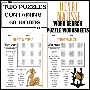 HENRI MATISSE word search puzzle worksheets activities by PUZZLES FOR KIDS