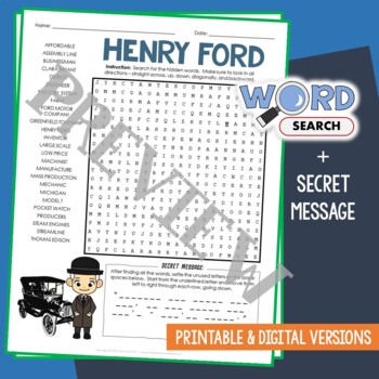 Preview of HENRY FORD Word Search Puzzle Activity Vocabulary Worksheet Secret Code