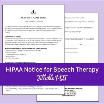 Preview of HIPAA Privacy Notice for Speech Therapy | Editable, Printable, Fillable PDF