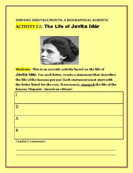 Preview of HISPANIC HERITAGE MONTH: A BIOGRAPHICAL  ACROSTIC ACTIVITY#2: IDAR/ ESL