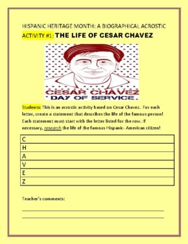 Preview of HISPANIC HERITAGE MONTH: BIOGRAPHICAL ACROSTIC ACTIVITY #1: CHAVEZ/ ESL