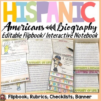 Preview of Hispanic Heritage Month Activities Biography Research Flipbook, Rubric & Banner