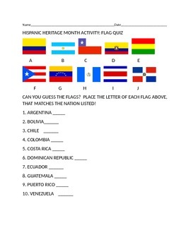 Preview of HISPANIC HERITAGE  MONTH FLAG QUIZ: GRADES 4-12-FUN!