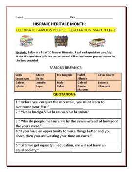 Preview of HISPANIC HERITAGE MONTH: QUOTATION QUIZ: GRS. 6-12,  COLLEGE, ESL
