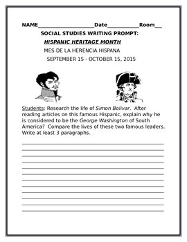 Preview of HISPANIC HERITAGE  MONTH WRITING PROMPT: GRADES 4-12