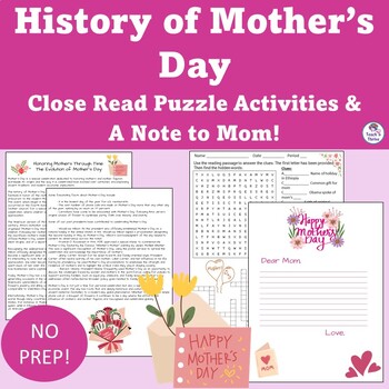 Preview of HISTORY OF MOTHER'S DAY READING PASSAGE & PUZZLE ACTIVITIES Middle & High School