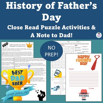 Preview of HISTORY OF FATHER'S DAY READING PASSAGE & PUZZLE ACTIVITIES Middle & High School