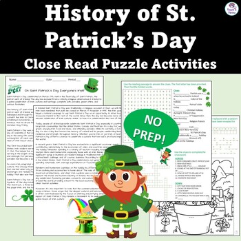 Preview of HISTORY OF SAINT PATRICK'S DAY CLOSE READ PUZZLE ACTIVITIES Middle & High School