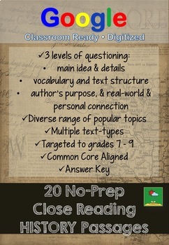 Preview of HISTORY Reading Comprehension Passages and Questions | Distance Learning |