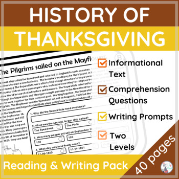 Preview of HISTORY of THANKSGIVING Informational Text & Writing Prompts - TWO LEVELS