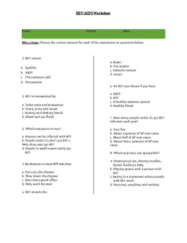 Preview of HIV & AIDS Worksheet, Assignment and activity with answer key