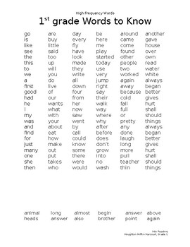 Preview of HMH Grade 1 High Frequency Word List