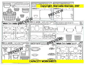 CAPACITY: HOLDS MORE,HOLDS LESS , capacity worksheets, posters, centers