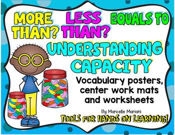 Preview of CAPACITY: HOLDS MORE,HOLDS LESS , capacity worksheets, posters, centers