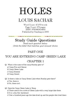 Preview of HOLES by Louis Sachar; Multiple-Choice Study Guide Quiz