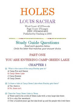 Preview of HOLES by Louis Sachar; Multiple-Choice Study Guide Quiz w/Answer Key