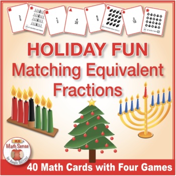 Preview of HOLIDAY FUN Matching Equivalent Fraction Card Games | Christmas Hanukkah Kwanzaa