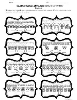 Preview of HOLIDAY MATH : Subtraction Story Problems & Equations Christmas Activity Sheet