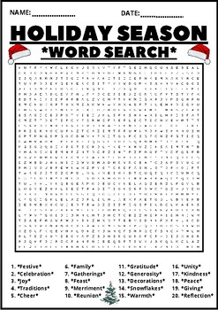 Preview of HOLIDAY SEASON Word Search Puzzle Middle School Fun Activity Vocabulary