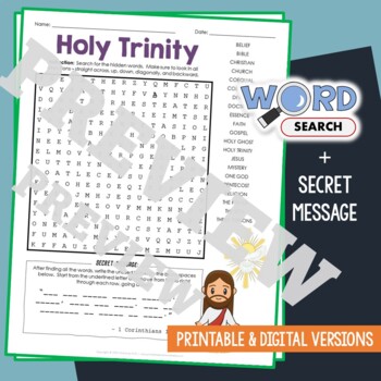 Preview of HOLY TRINITY Word Search Puzzle Activity Vocabulary Worksheet Secret Message