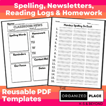 Preview of HOMEWORK BUNDLE: Spelling Practice, Reading Logs, Newsletter & Math HW Template