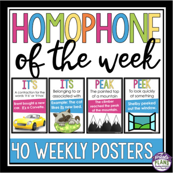 Preview of Homophone Posters - Weekly Classroom Bulletin Board Decor - Grammar Posters