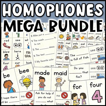 Preview of HOMOPHONES BUNDLE: pairs with visuals, task cards, worksheets, BINGO